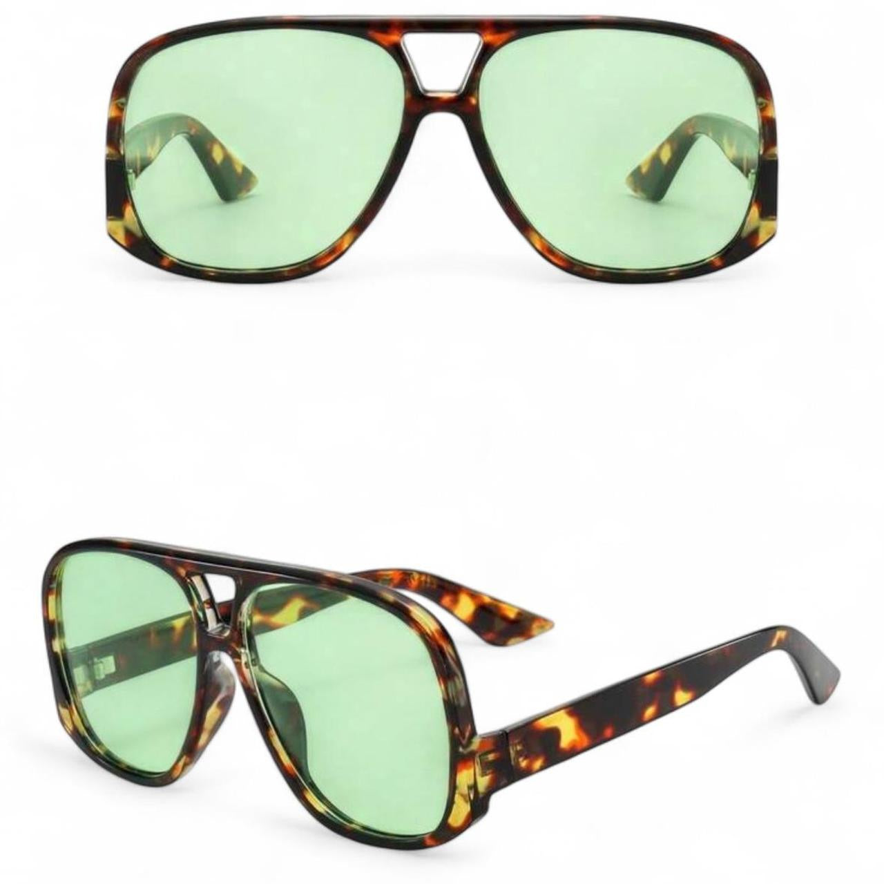 Brown Tortoise Shell & Green Oversized Pilot Sunglasses