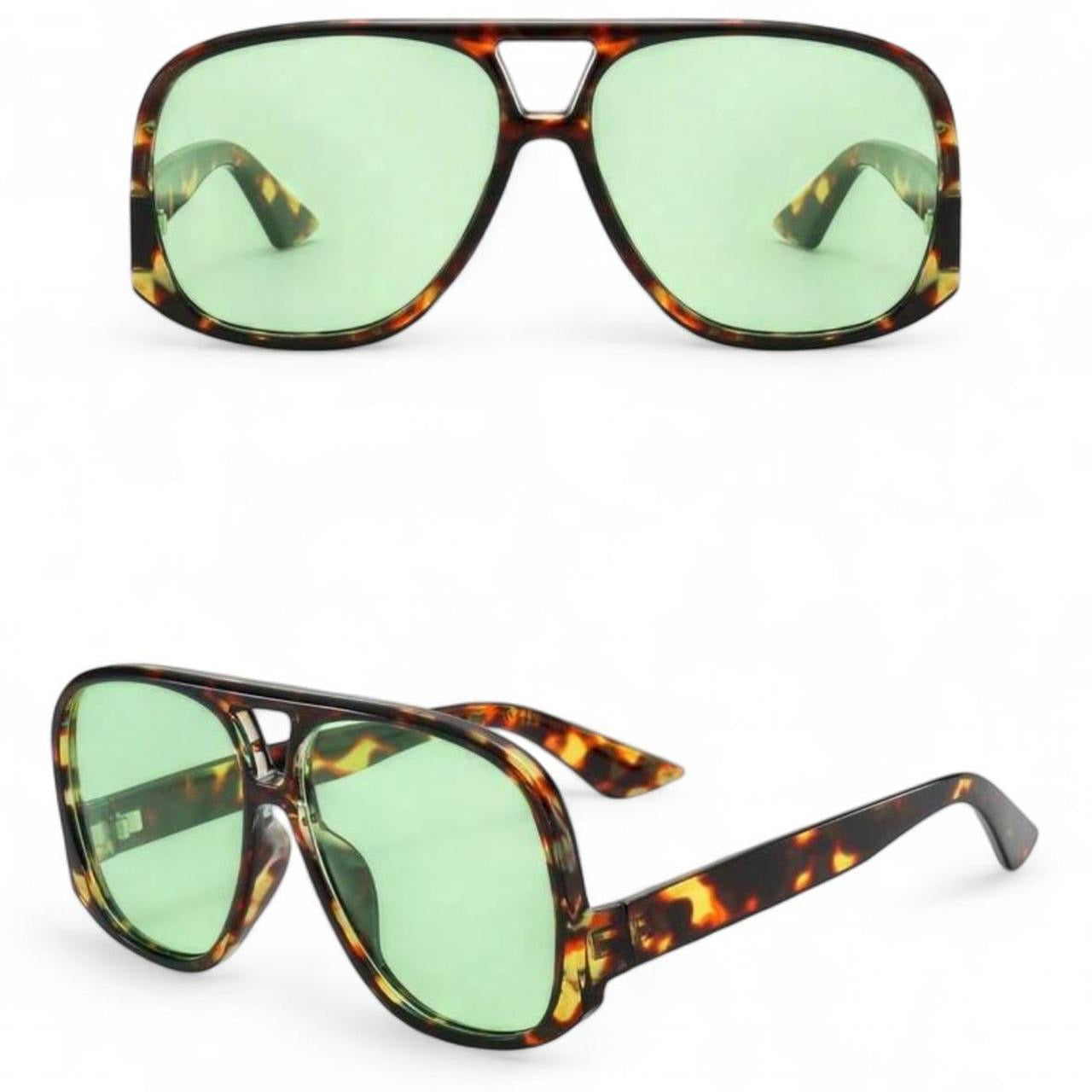 Brown Tortoise Shell & Green Oversized Pilot Sunglasses