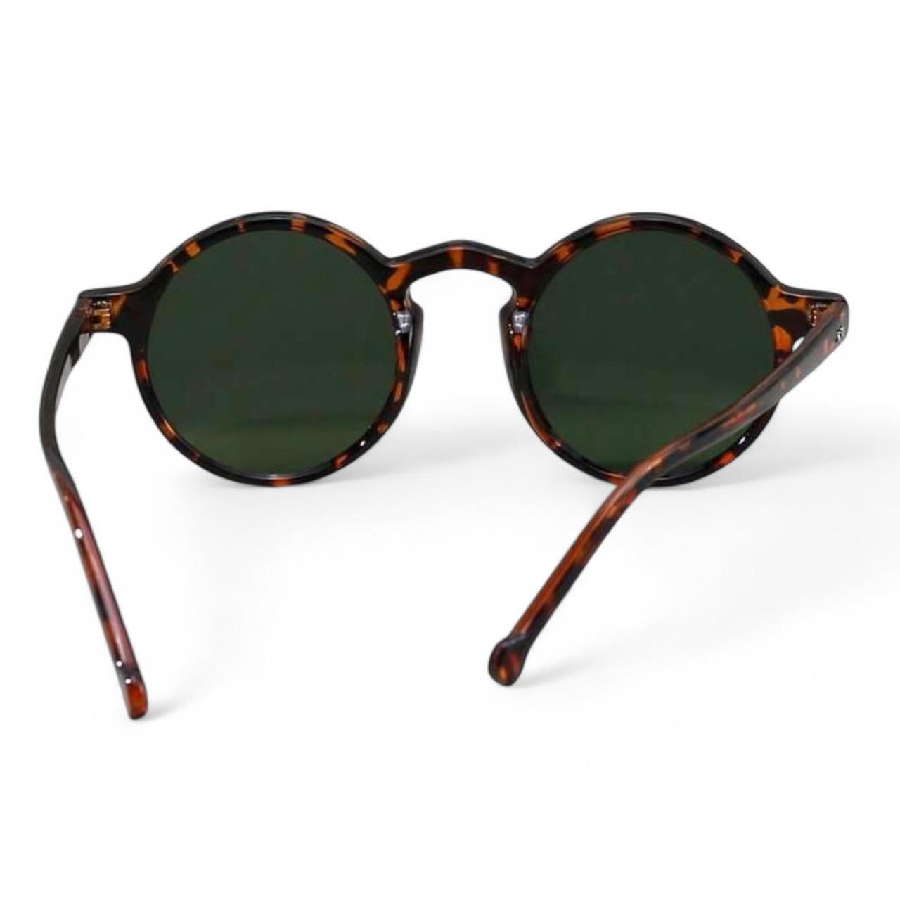 Brown Tortoise Shell & Green Tinted Fashion Vintage Round Sunglasses