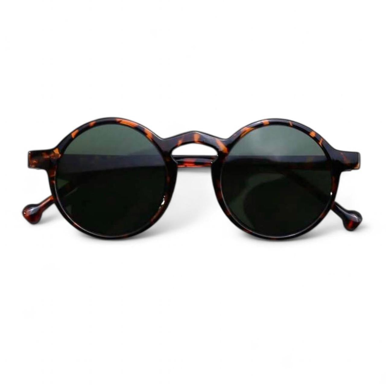Brown Tortoise Shell & Green Tinted Fashion Vintage Round Sunglasses