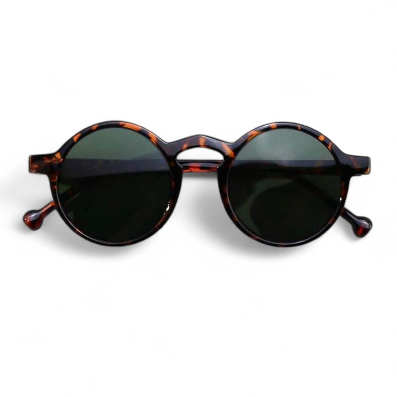 Brown Tortoise Shell & Green Tinted Fashion Vintage Round Sunglasses