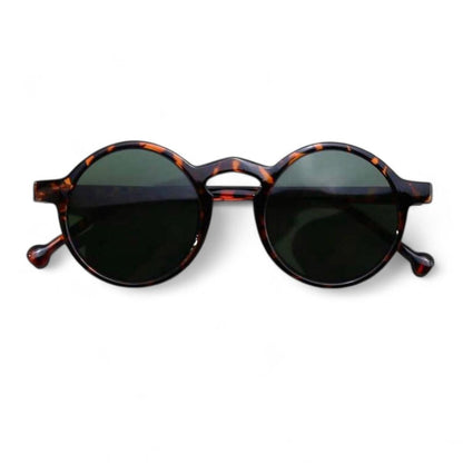 Brown Tortoise Shell & Green Tinted Fashion Vintage Round Sunglasses