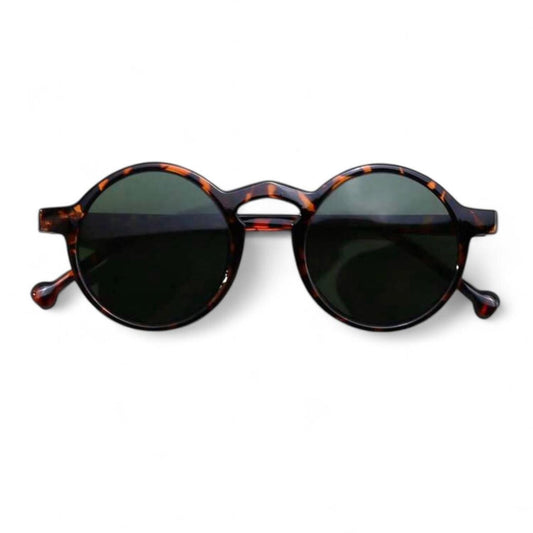 Brown Tortoise Shell & Green Tinted Fashion Vintage Round Sunglasses