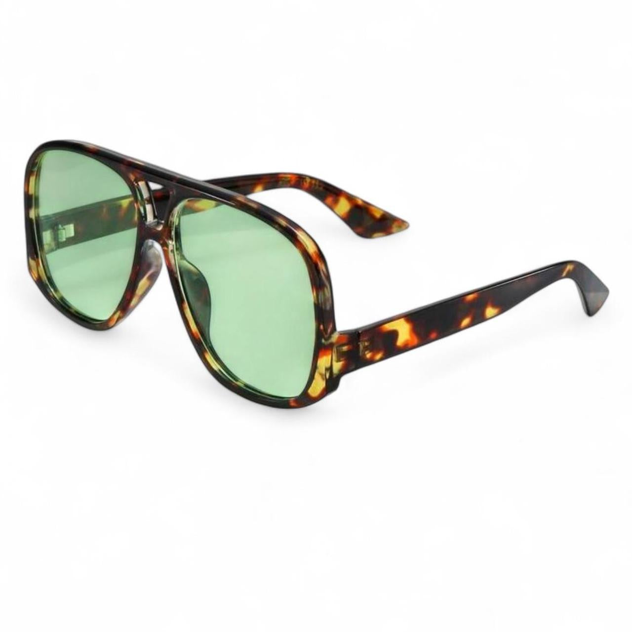 Brown Tortoise Shell & Green Oversized Pilot Sunglasses