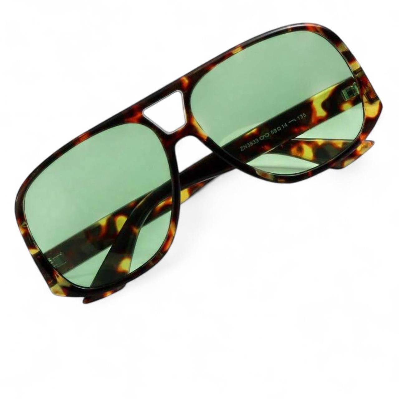 Brown Tortoise Shell & Green Oversized Pilot Sunglasses