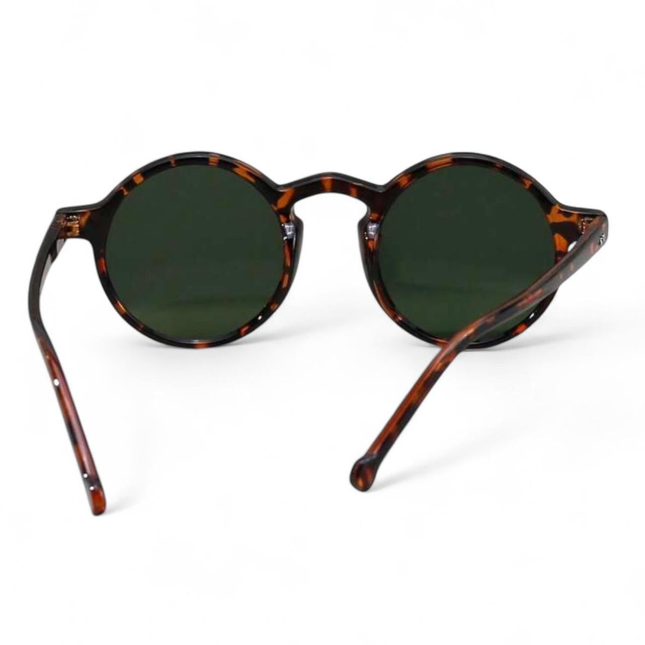 Brown Tortoise Shell & Green Tinted Fashion Vintage Round Sunglasses