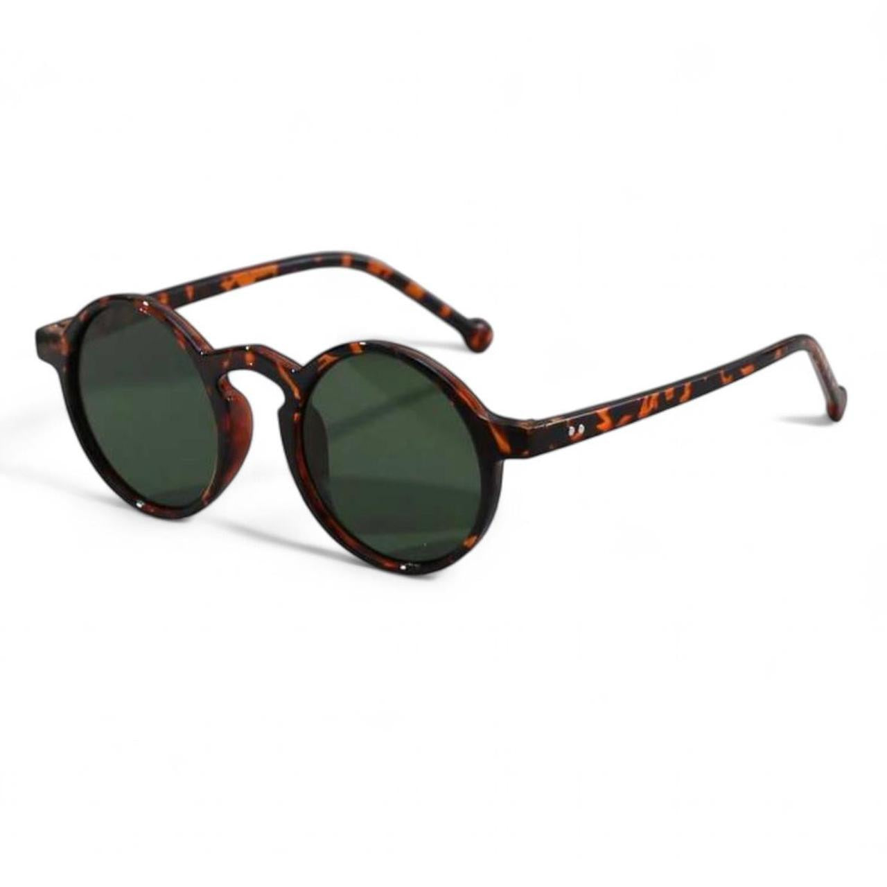 Brown Tortoise Shell & Green Tinted Fashion Vintage Round Sunglasses